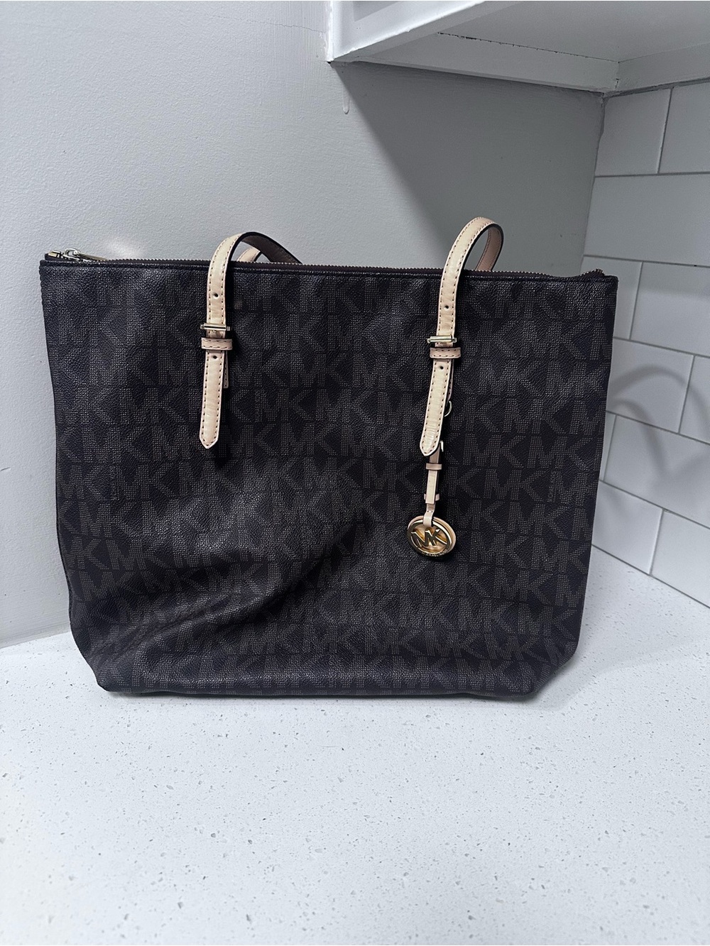 Michael Kors Dark Brown MK Logo Tote with Light Beige Straps